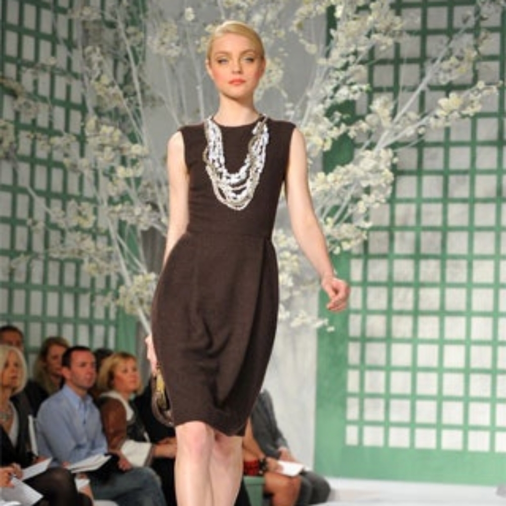 *$4,300 OSCAR DE LA RENTA BROWN WOOL WHITE EXCL BEAD EMBROID RUNWAY DRESS 4, 6